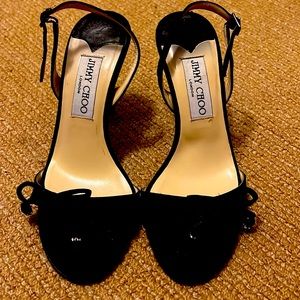 Jimmy Choo Black Satin Sandals with 3” Heel and Crystal Bling, Size 5.5 (35.5)